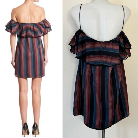 WAYF Mini Dress Striped Off the Shoulder Pom Pom Ruffle Lined Boho Beachy Sz L - Picture 2 of 16
